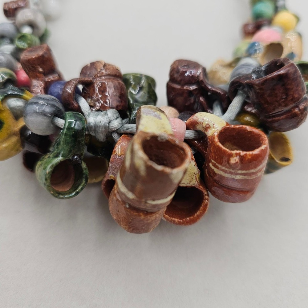 Vintage Folk Art Pottery Mug Bead Necklace Ceramic Tankard Bib Statement Boho - Picture 5 of 14